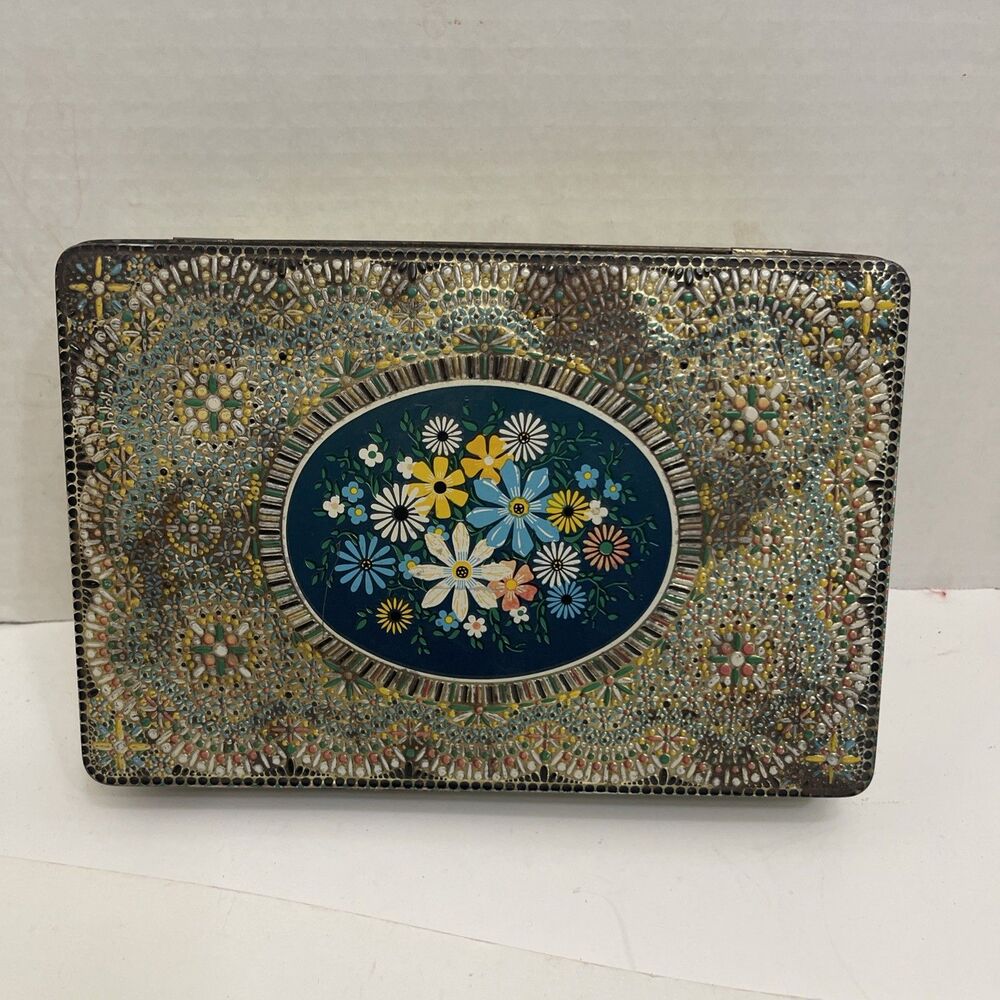 Vintage Multicolor Embossed Floral Rectangle Hinged Biscuit Tin Made in Belgium